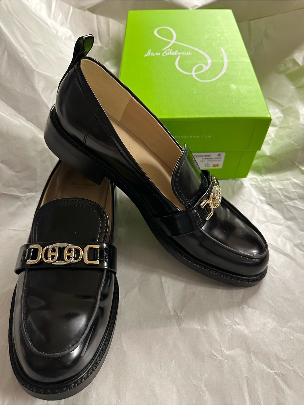 EUC Sam Edelman Black Patent Christy Loafers with Two-Tone Chain Detail Size 10M
